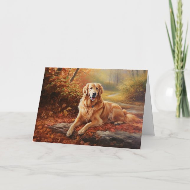 Golden Retriever in Autumn Leaves Fall Inspire  Card (Front)
