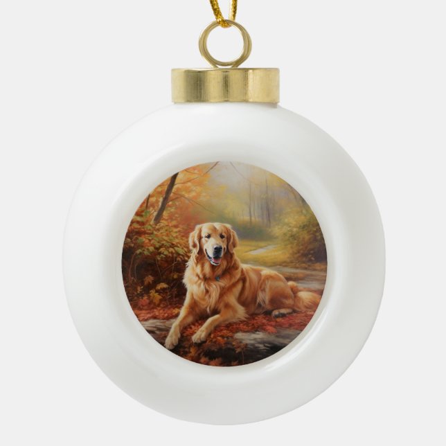 Golden Retriever in Autumn Leaves Fall Inspire  Ceramic Ball Christmas Ornament (Front)