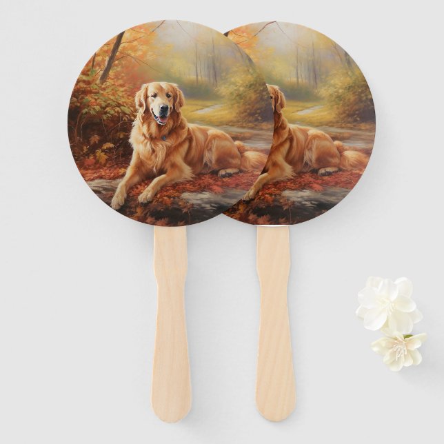 Golden Retriever in Autumn Leaves Fall Inspire  Hand Fan (Front and Back)