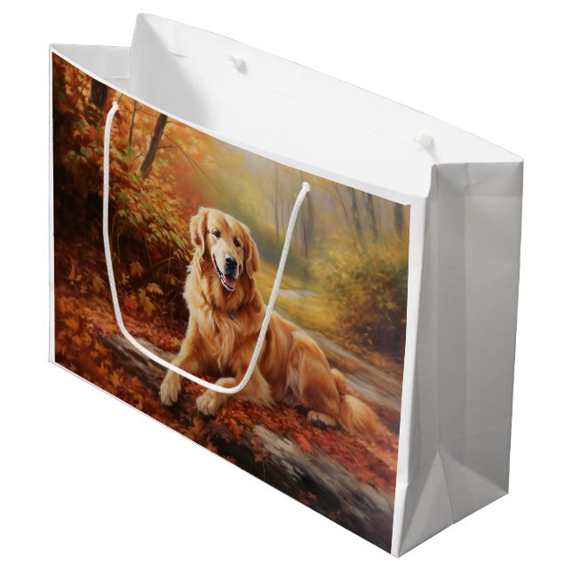 Golden Retriever in Autumn Leaves Fall Inspire  Large Gift Bag (Front Angled)