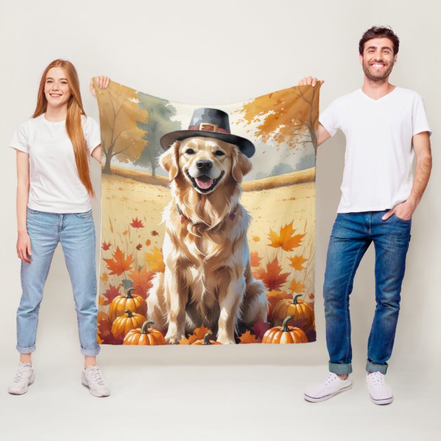 Golden Retriever In Autumn Leaves Thanksgiving Art Fleece Blanket (In Situ)