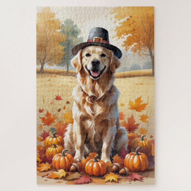 Golden Retriever In Autumn Leaves Thanksgiving Art Jigsaw Puzzle (Vertical)