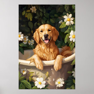 Golden Retriever In Bathtub Poster, Funny Dog Poster