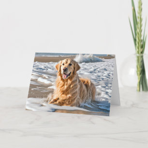 Golden Retriever In Beach Wave Card