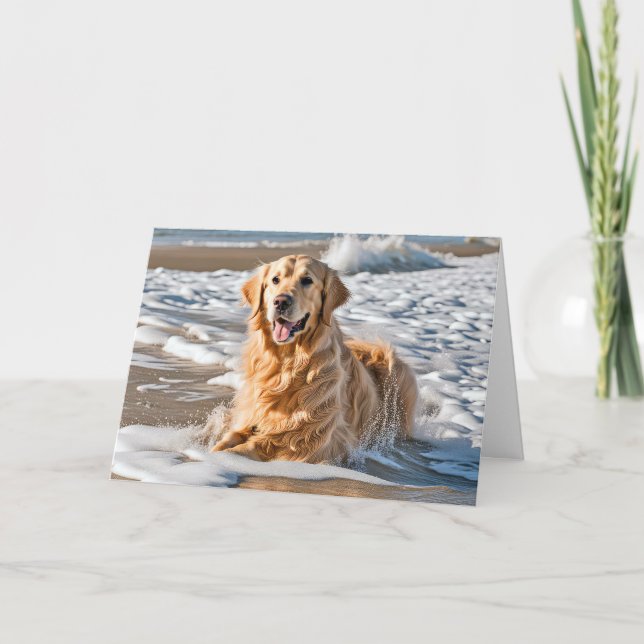 Golden Retriever In Beach Wave Card (Front)