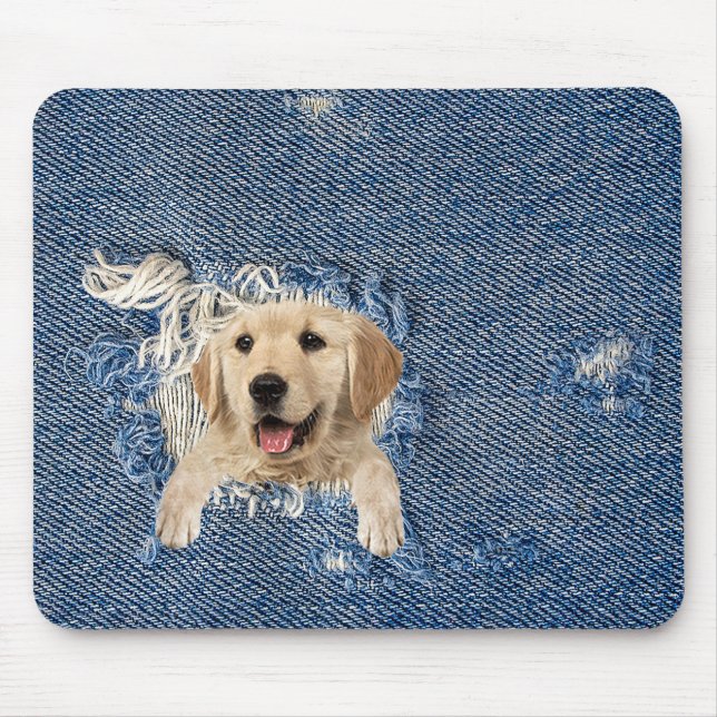 golden retriever in blue jean hole mouse pad (Front)
