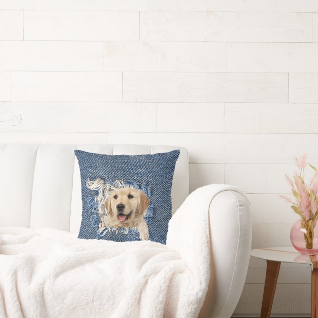 Golden Retriever in Blue Jean Hole   Throw Pillow (Couch)