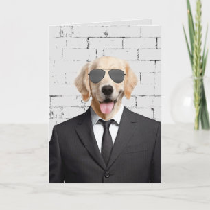 golden retriever in business suit card