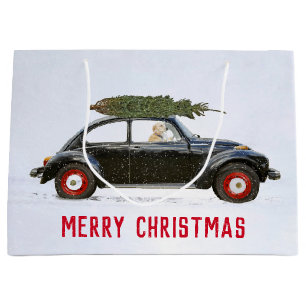 Golden Retriever In Car with Christmas Tree Large Gift Bag