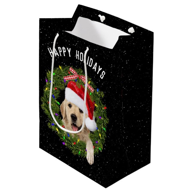 Golden Retriever in Christmas wreath Medium Gift Bag (Front Angled)