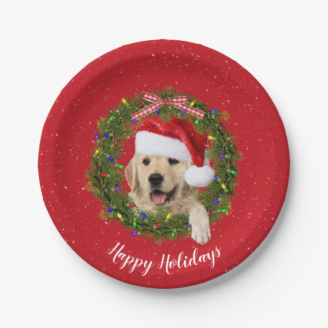 Golden Retriever in Christmas wreath Paper Plate (Front)