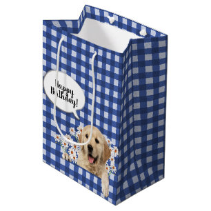 Golden Retriever in daisies on blue gingham Medium Gift Bag