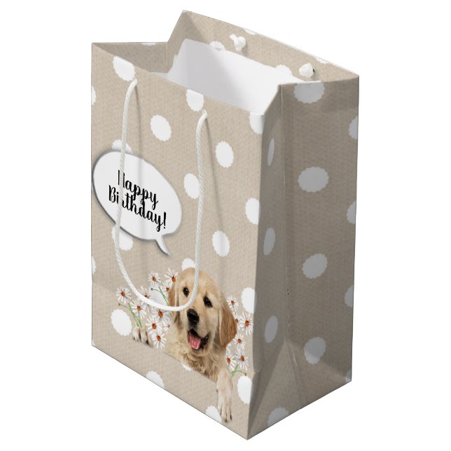 Golden Retriever in daisies on polka dots Medium Gift Bag (Front Angled)
