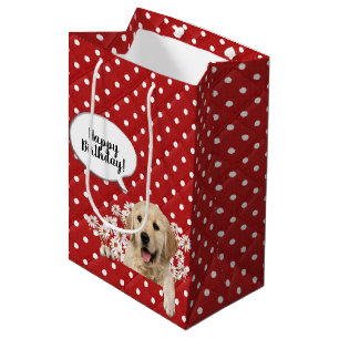 Golden Retriever in daisies on polka dots Medium Gift Bag