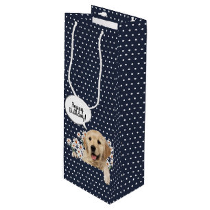 Golden Retriever in daisies on polka dots Wine Gift Bag