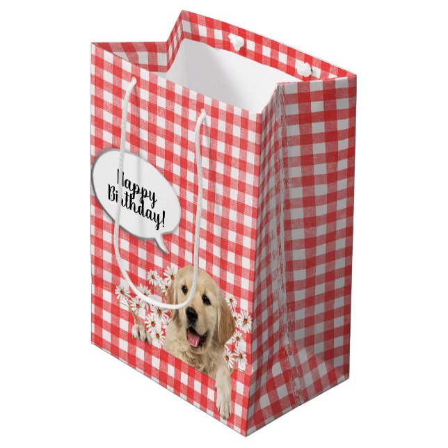 Golden Retriever in daisies on red gingham Medium Gift Bag (Front Angled)