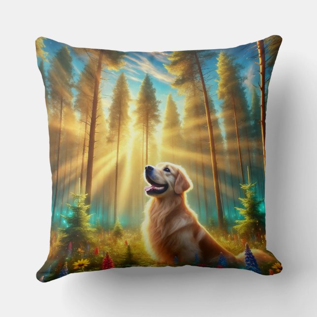 Golden Retriever in Enchanted Forest Throw Pillow (Back)