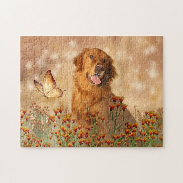 Golden retriever in flowers jigsaw puzzle (Horizontal)