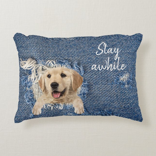 golden retriever in frayed blue denim hole accent pillow (Front)