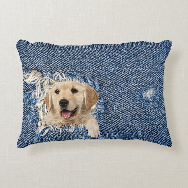 golden retriever in frayed denim hole accent pillow (Front)