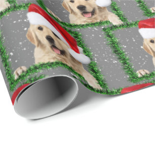Golden Retriever in green tinsel frame Wrapping Paper