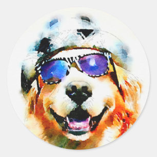Golden Retriever in Hat and Sunglasses Watercolor Classic Round Sticker