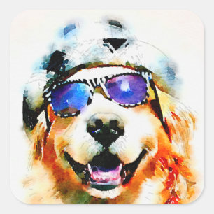 Golden Retriever in Hat and Sunglasses Watercolor Square Sticker