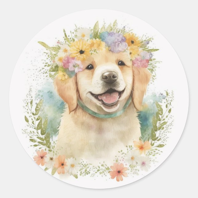 Golden Retriever In Laurel Wreath Classic Round Sticker (Front)
