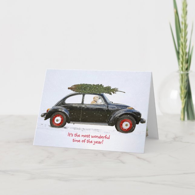 Golden retriever in old car with holiday tree card (Front)