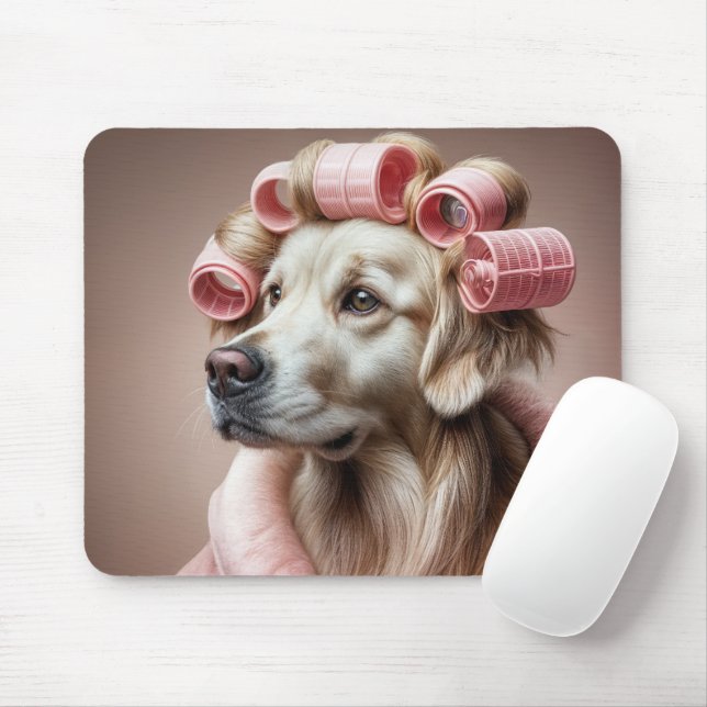 Golden Retriever In Pink Hair Curlers Mouse Pad (With Mouse)