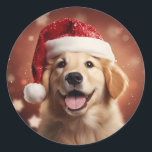 Golden Retriever in Santa Hat Classic Round Sticker<br><div class="desc">Golden Retriever in a Santa hat Christmas stickers.</div>