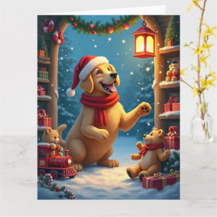 Golden Retriever in Santa’s Workshop Christmas Card