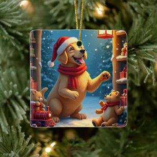 Golden Retriever in Santa’s Workshop Christmas Ceramic Ornament