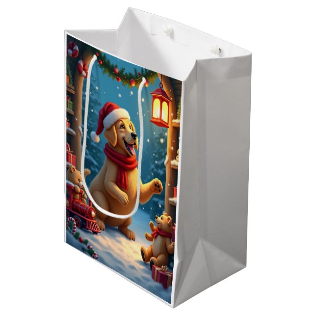 Golden Retriever in Santa’s Workshop Christmas Medium Gift Bag (Front Angled)