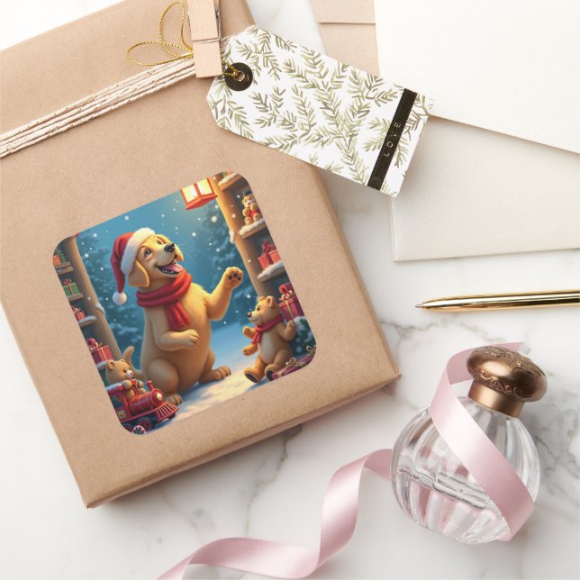 Golden Retriever in Santa’s Workshop Christmas Square Sticker (Gifting)
