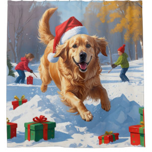 Golden Retriever in Snow with Christmas Hat