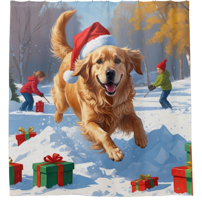 Golden Retriever in Snow with Christmas Hat (Front)
