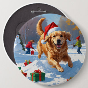 Golden Retriever in Snow with Christmas Hat 6 Inch Round Button