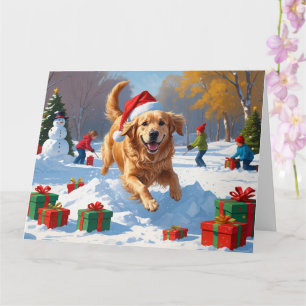 Golden Retriever in Snow with Christmas Hat Card