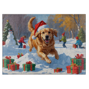 Golden Retriever in Snow with Christmas Hat Cutting Board