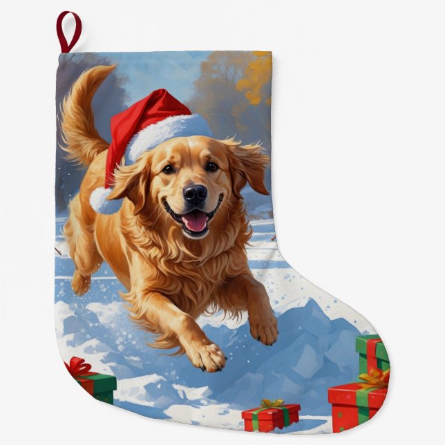Golden Retriever in Snow with Christmas Hat Large Christmas Stocking (Front)