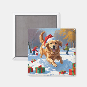 Golden Retriever in Snow with Christmas Hat Magnet