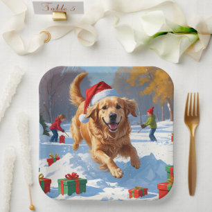 Golden Retriever in Snow with Christmas Hat Paper Plate
