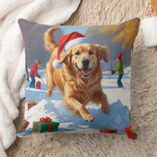 Golden Retriever in Snow with Christmas Hat Throw Pillow