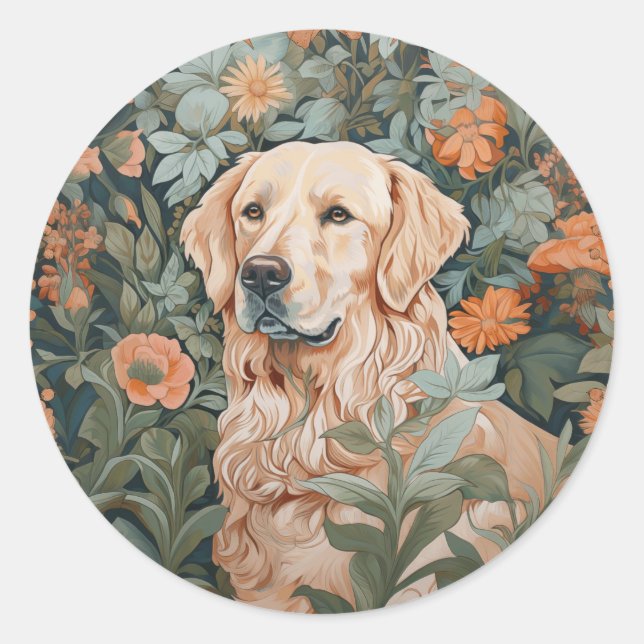 Golden Retriever in the Style of William Morris Classic Round Sticker (Front)