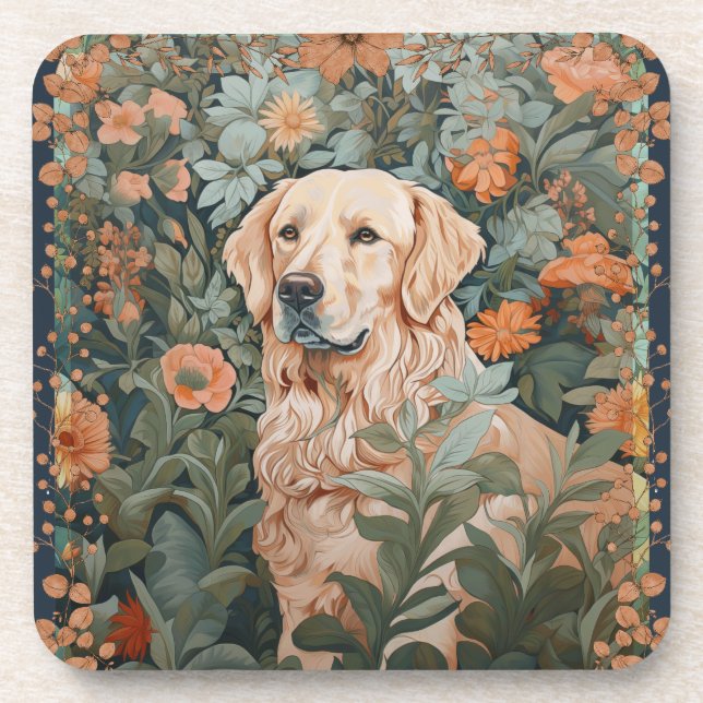 Golden Retriever in the Style of William Morris Coaster (Front)