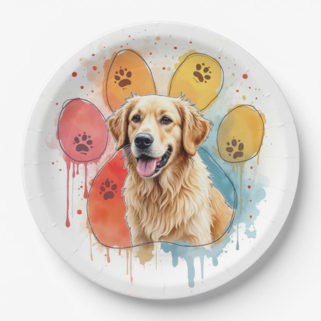 Golden Retriever in Watercolor Paw Print Paper Plate (Front)