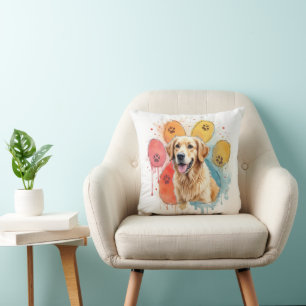 Golden Retriever in Watercolor Paw Print Throw Pillow