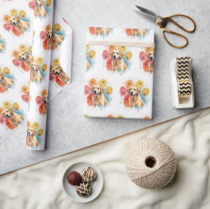 Golden Retriever in Watercolor Paw Print Wrapping Paper