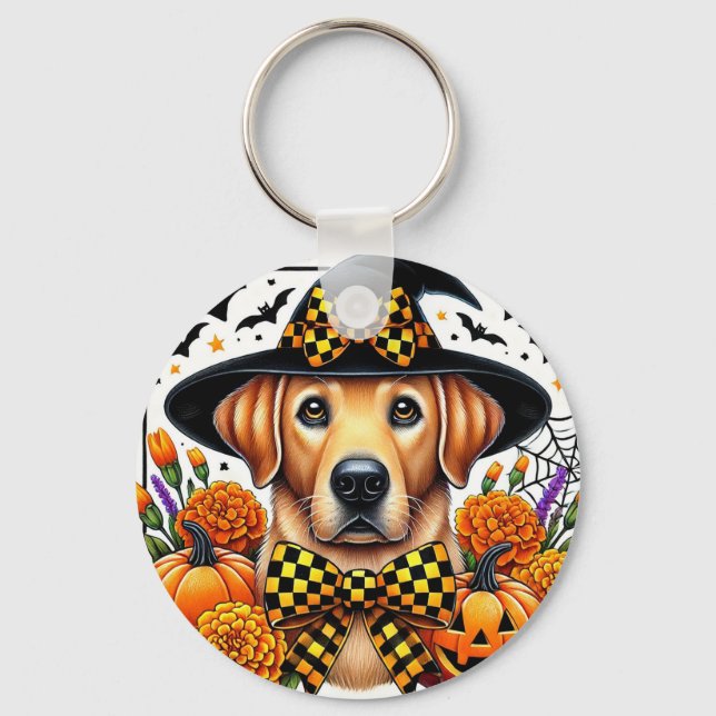 Golden Retriever in Witch Hat by Pumpkins Keychain (Front)